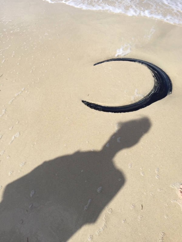 Tire submerged in the sand with the ocean waves moving towards it onto shore.